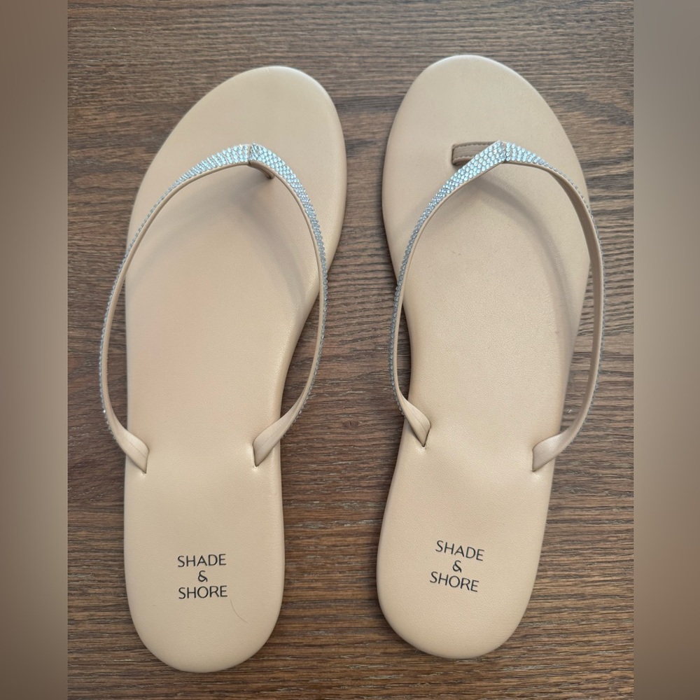 Shade & Shore Beige Flip Flops with Sparkling Rhinestone Straps